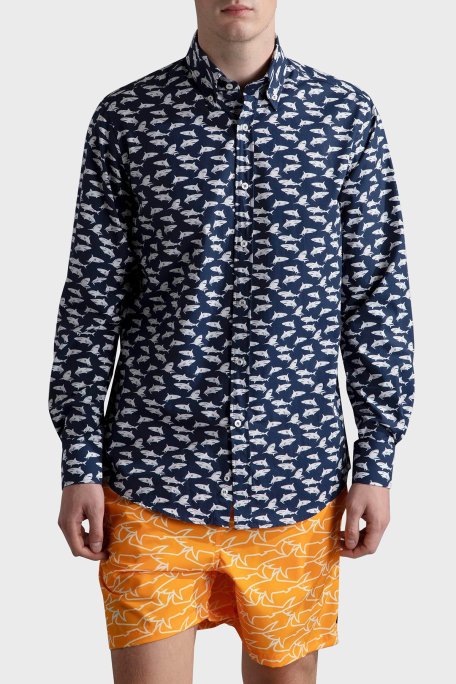 Paul & Shark % 100 Pamuk Regular Fit Logo Desenli Erkek Gömlek 24413017 L10 LACİVERT - Paul & Shark