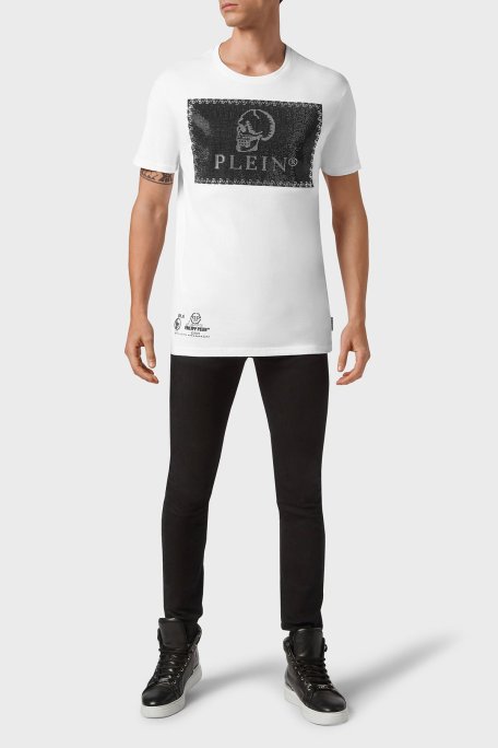 Philipp Plein % 100 Pamuk Loose Fit Taşlı Logolu Erkek T Shirt MTK5082 PJY002N 01 BEYAZ - Philipp Plein (1)