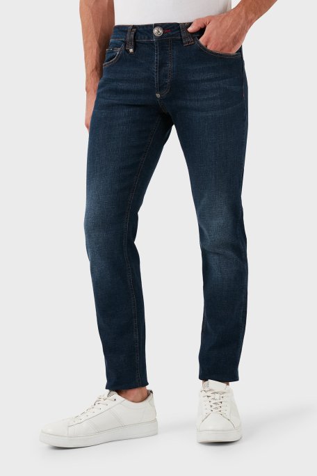 Philipp Plein Streç Pamuklu Slim Fit Normal Bel Dar Paça Jeans Erkek Kot Pantolon MDT2500 PDE004N 14BP LACİVERT - Philipp Plein