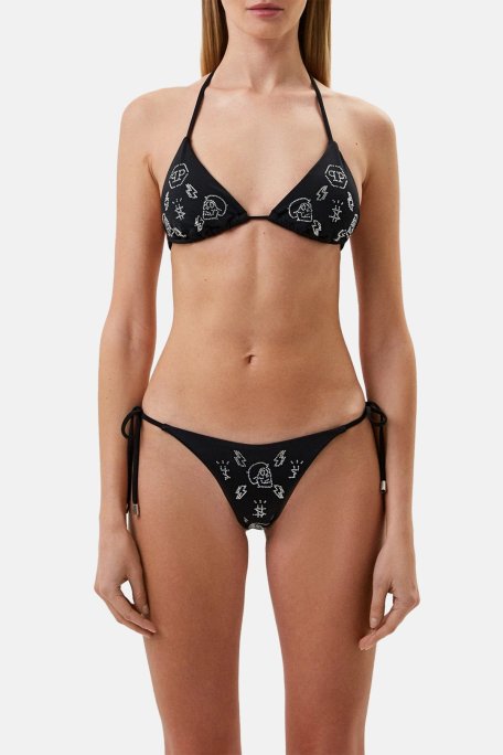 Philipp Plein Taş İşleme Desenli Logolu İpli Bağlamalı Bayan Bikini CDPPT0999 SİYAH - Philipp Plein