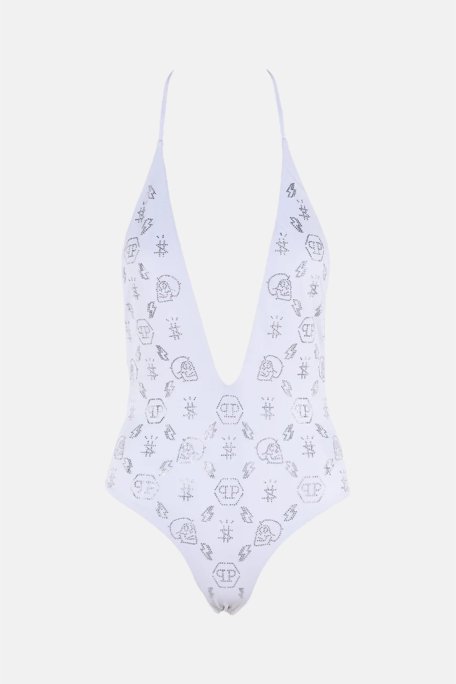 Philipp Plein Taş İşlemeli Desenli Logolu Boyundan Bağlamalı Bayan Mayo CDPPI0901 BEYAZ - Philipp Plein