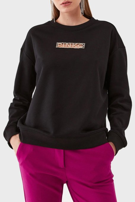 Pinko % 100 Pamuk Parlak Taş Logolu Bisiklet Yaka Regular Fit Bayan Sweat 101607 A12I Z99 SİYAH - Pinko