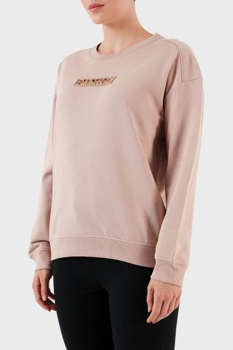 Pinko % 100 Pamuk Parlak Taş Logolu Bisiklet Yaka Regular Fit Bayan Sweat 101607 A12I D46 PUDRA - Pinko (1)