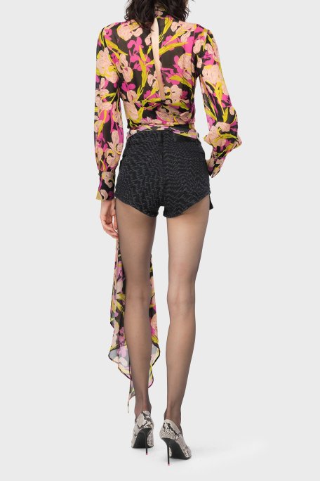 Pinko Çiçek Desenli Dekolteli Belden Bağlamalı Regular Fit Bayan Bluz 101765 A155 ZY5 Pembe-Sarı - Pinko (1)