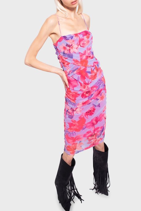 Pinko Çiçek Desenli Drapeli İnce Askılı Mini Bayan Elbise 101129 A0PL YNB PEMBE - Pinko