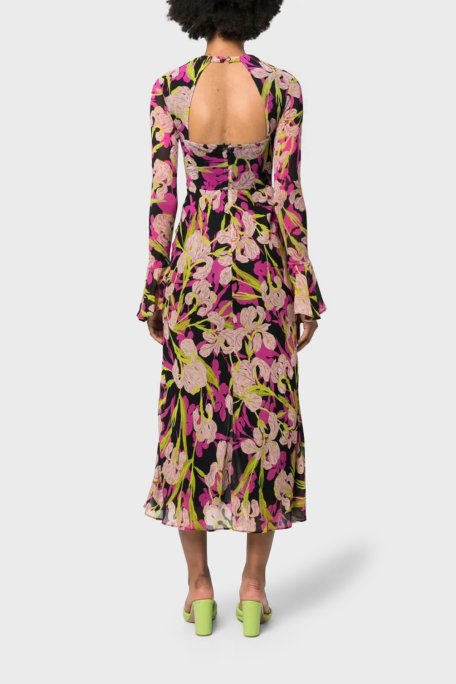 Pinko Çiçek Desenli Fırfırlı Yırtmaçlı Dekolteli Regular Fit Kadın Elbise 101834 A154 ZY5 Pembe-Siyah-Sarı - Pinko (1)