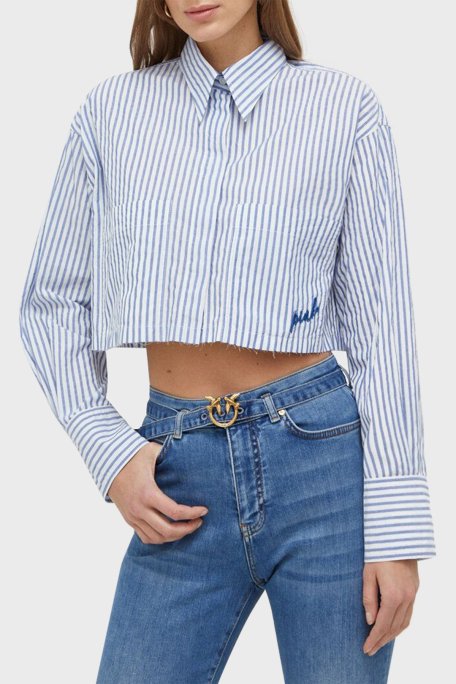 Pinko Çizgili Pamuklu Cepli Crop Bayan Gömlek 103060A1OMZE5 MAVİ-BEYAZ - Pinko
