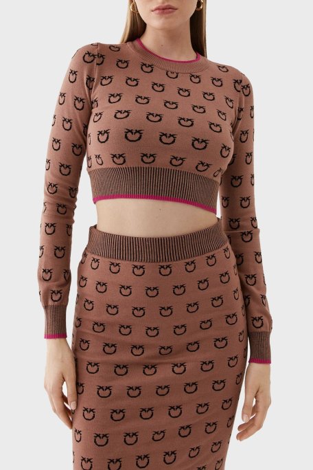 Pinko Logo Desen Baskılı Uzun Kollu Regular Fit Crop Bayan Sweat 101561 A112 CZ3 KAHVE - Pinko