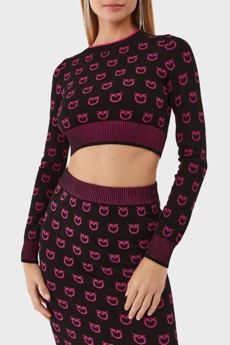Pinko Logo Desen Baskılı Uzun Kollu Regular Fit Crop Bayan Sweat 101561 A112 ZW1 SİYAH-PEMBE - Pinko
