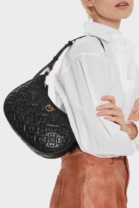 Pinko Logolu Hakiki Deri Ayarlanabilir Omuz Askılı Bayan Çanta 102790 A1YB Z99Q SİYAH - Pinko (1)