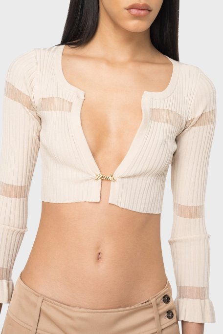 Pinko Slim Fit Transparan Şeritli Crop Bayan Hırka 102969A1NAD04 BEJ - Pinko