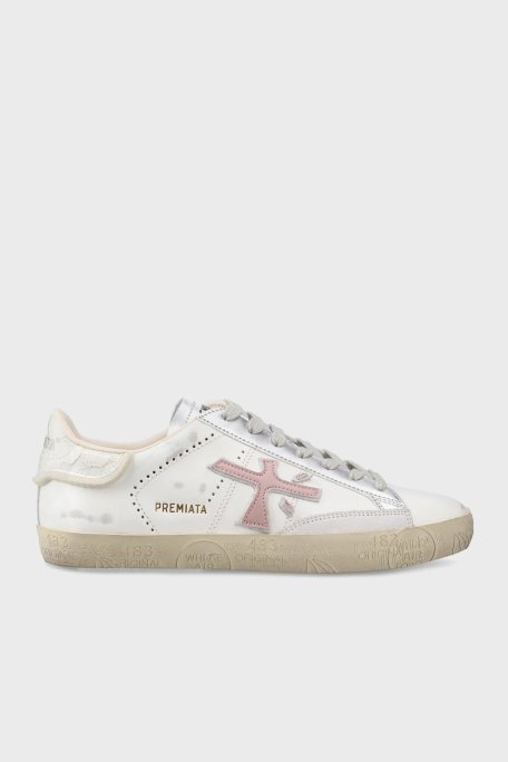 Premiata Logolu Hakiki Deri Vintage Sneaker Bayan Ayakkabı STEVEND 7281 EKRU - Premiata