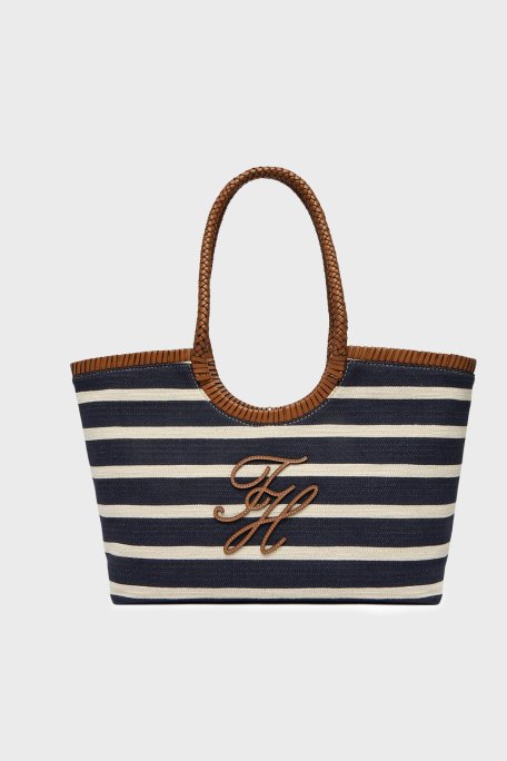 Tommy Hilfige rÇizgili Dokulu Logolu Omuz Askılı Tote Kadın Çanta AW0AW18400 0GY LACİVERT-BEYAZ - Tommy Hilfiger
