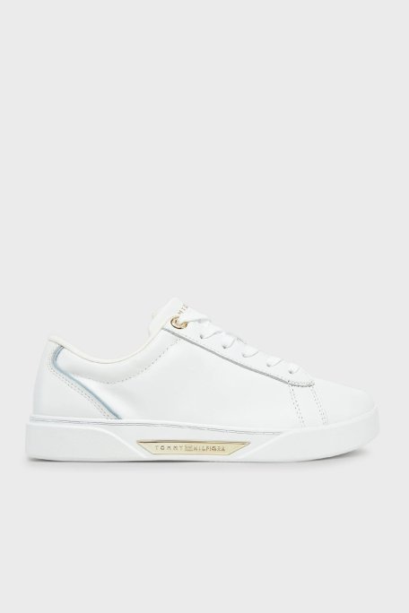 Tommy Hilfiger % 100 Deri Logolu Sneaker Bayan Ayakkabı FW0FW08642 YBS BEYAZ - Tommy Hilfiger