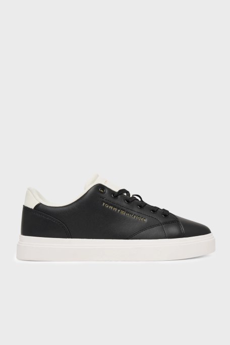Tommy Hilfiger % 100 Deri Logolu Sneaker Kadın Ayakkabı FW0FW09105 0GJ SİYAH - Tommy Hilfiger