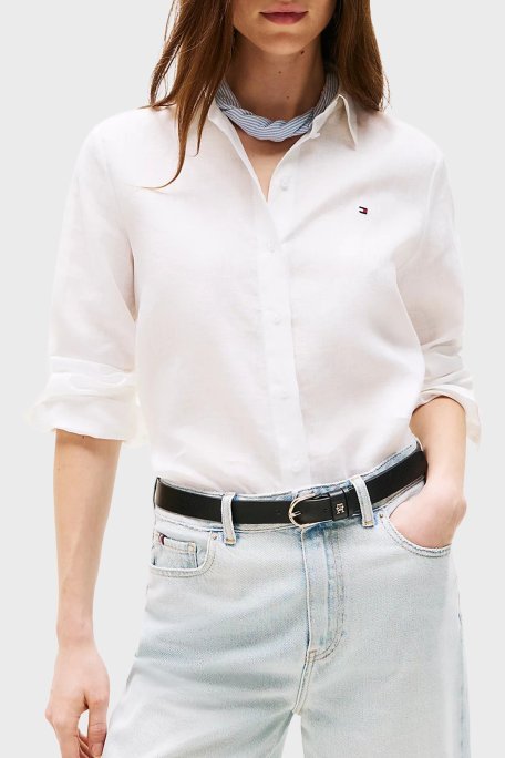 Tommy Hilfiger % 100 Keten Regular Fit Düz Yaka Bayan Gömlek WW0WW44679 YCF BEYAZ - Tommy Hilfiger