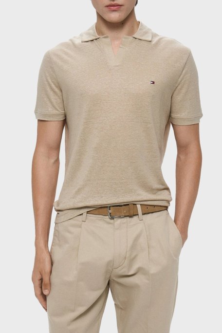 Tommy Hilfiger % 100 Keten Regular Fit Erkek Polo Yaka T Shirt MW0MW38476 RBT KUM - Tommy Hilfiger