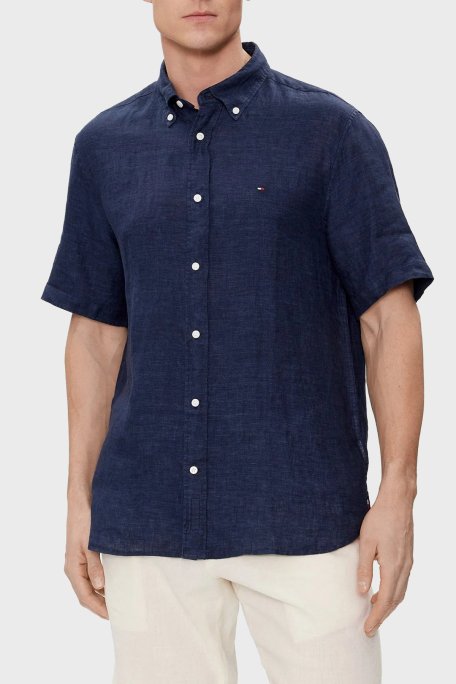 Tommy Hilfiger % 100 Keten Regular Fit Kısa Kollu Erkek Gömlek MW0MW35207 DCC LACİVERT - Tommy Hilfiger