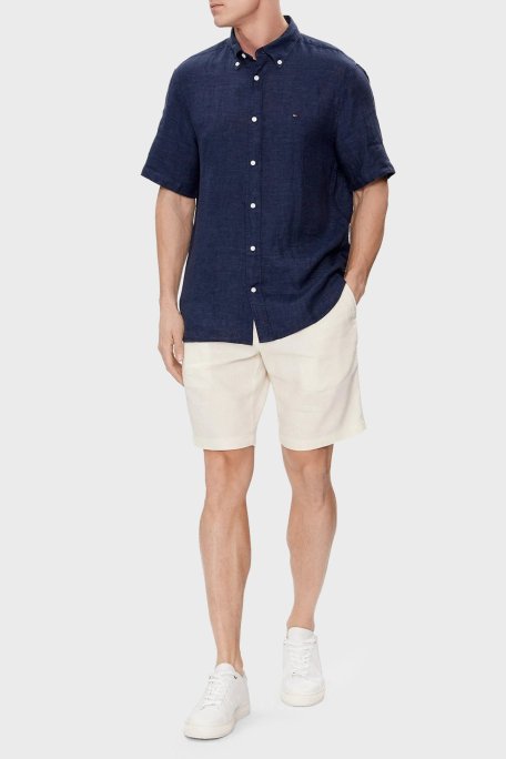 Tommy Hilfiger % 100 Keten Regular Fit Kısa Kollu Erkek Gömlek MW0MW35207 DCC LACİVERT - Tommy Hilfiger (1)