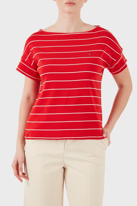 Tommy Hilfiger % 100 Pamuk Çizgili Relaxed Fit Kayık Yaka Kadın T Shirt WW0WW49723 0E4 KIRMIZI - Tommy Hilfiger