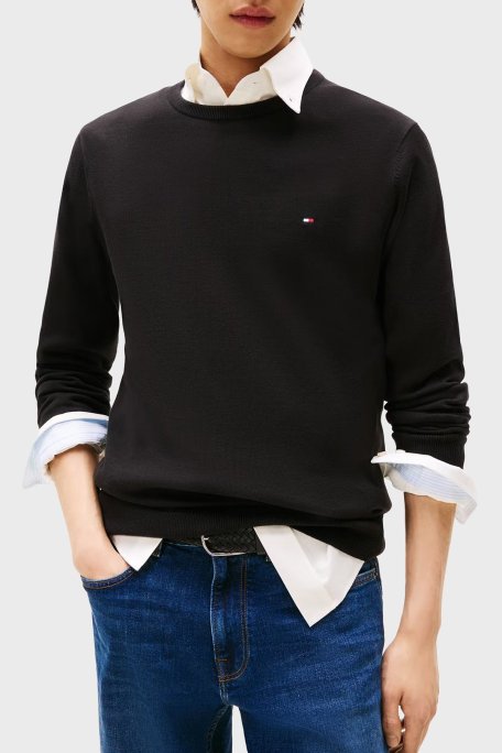 Tommy Hilfiger % 100 Pamuk Regular Fit Bisiklet Yaka Logolu Erkek Kazak MW0MW14748 BDS SİYAH - Tommy Hilfiger