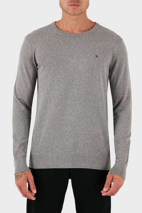 Tommy Hilfiger % 100 Pamuk Regular Fit Bisiklet Yaka Logolu Erkek Kazak MW0MW14748 P91 GRİ - Tommy Hilfiger