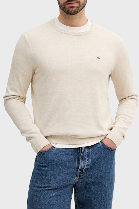 Tommy Hilfiger % 100 Pamuk Regular Fit Bisiklet Yaka Logolu Erkek Kazak MW0MW39999 HGF BEJ - Tommy Hilfiger