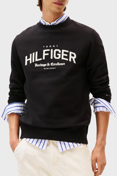 Tommy Hilfiger % 100 Pamuk Regular Fit Bisiklet Yaka Logolu Erkek Sweat MW0MW40067 BDS SİYAH - Tommy Hilfiger