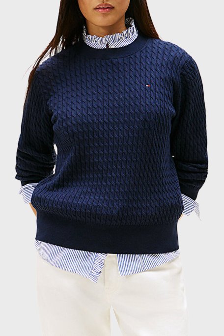 Tommy Hilfiger % 100 Pamuk Regular Fit Bisiklet Yaka Örgü Bayan Kazak WW0WW44993 0ZZ LACİVERT - Tommy Hilfiger