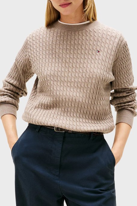 Tommy Hilfiger % 100 Pamuk Regular Fit Bisiklet Yaka Örgü Bayan Kazak WW0WW44993 ADL BEJ - Tommy Hilfiger