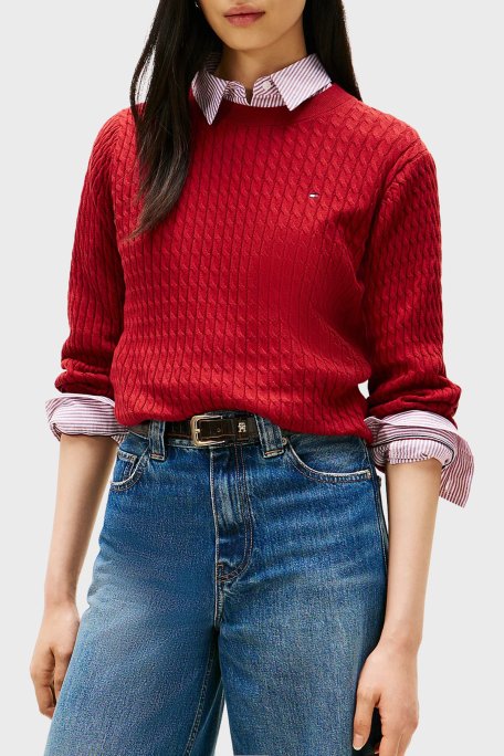 Tommy Hilfiger % 100 Pamuk Regular Fit Bisiklet Yaka Örgü Bayan Kazak WW0WW44993 XIT KIRMIZI - Tommy Hilfiger