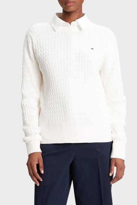 Tommy Hilfiger % 100 Pamuk Regular Fit Bisiklet Yaka Örgü Bayan Kazak WW0WW44993 YA8 BEYAZ - Tommy Hilfiger