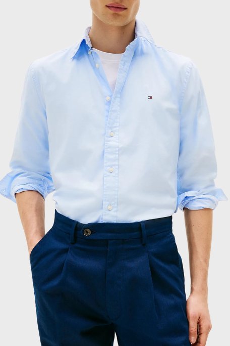 Tommy Hilfiger % 100 Pamuk Regular Fit Düğmeli Yaka Erkek Gömlek MW0MW39988 C3Q AÇIK MAVİ - Tommy Hilfiger
