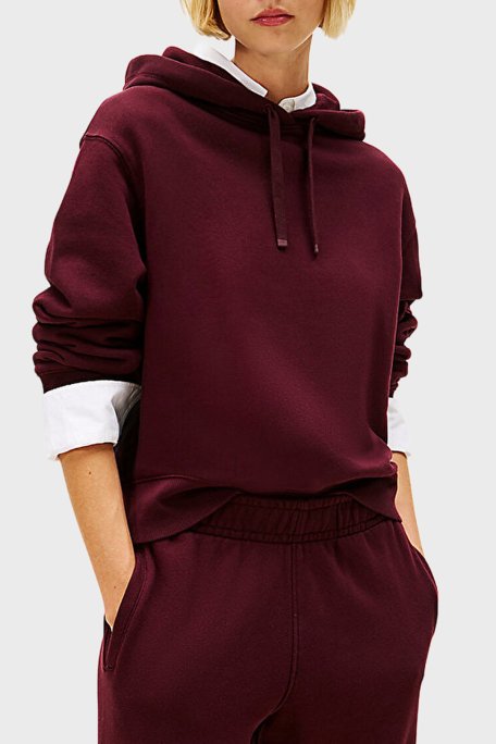 Tommy Hilfiger % 100 Pamuk Regular Fit Kapüşonlu Yaka Logolu Bayan Sweat WW0WW46127 XIH BORDO - Tommy Hilfiger