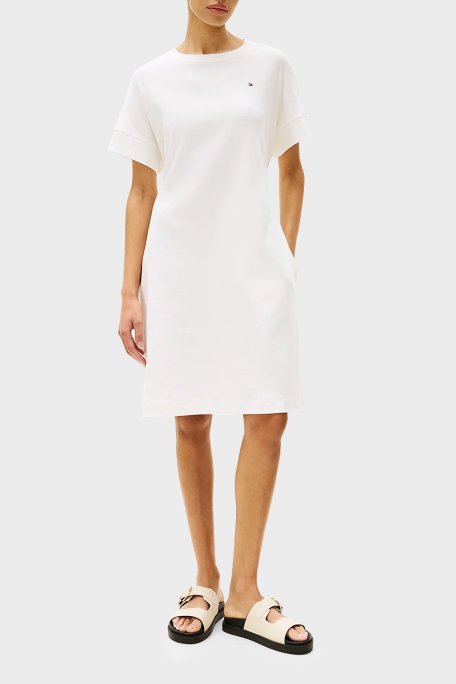 Tommy Hilfiger % 100 Pamuk Regular Fit Mini Boy Yuvarlak Yaka Bayan Elbise WW0WW45520 YBL BEYAZ - Tommy Hilfiger