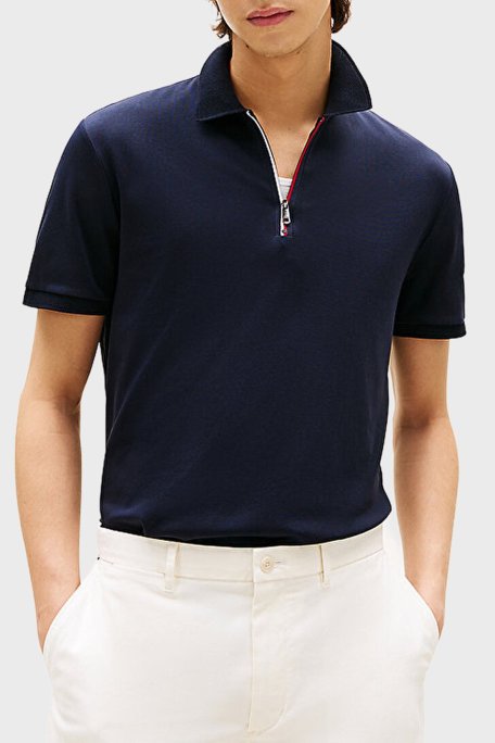 Tommy Hilfiger % 100 Pamuk Regular Fit Yarım Fermuarlı Erkek Polo Yaka T Shirt MW0MW39552 DW5 LACİVERT - Tommy Hilfiger