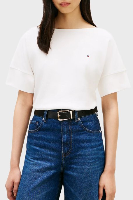 Tommy Hilfiger % 100 Pamuk Relaxed Fit Kayık Yaka Bayan T Shirt WW0WW49723 YBL BEYAZ - Tommy Hilfiger