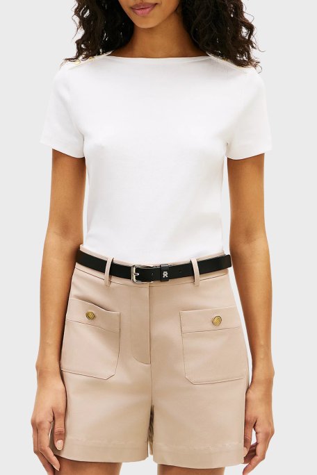 Tommy Hilfiger % 100 Pamuk Slim Fit Kayık Yaka Bayan T Shirt WW0WW49250 YBL BEYAZ - Tommy Hilfiger