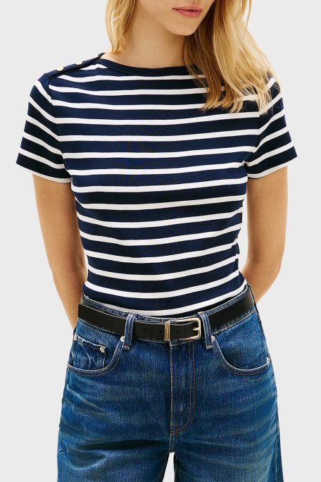 Tommy Hilfiger % 100 Pamuk Slim Fit Kayık Yaka Kadın T Shirt WW0WW49250 0X3 LACİVERT-BEYAZ - Tommy Hilfiger