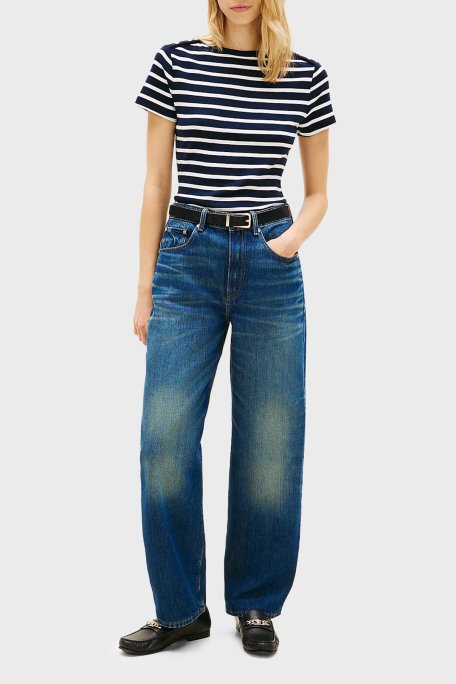 Tommy Hilfiger % 100 Pamuk Slim Fit Kayık Yaka Kadın T Shirt WW0WW49250 0X3 LACİVERT-BEYAZ - Tommy Hilfiger (1)