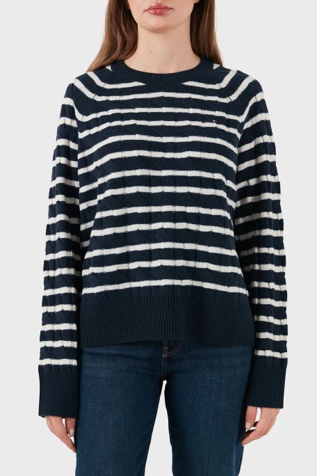 Tommy Hilfiger % 100 Yün Regular Fit Bisiklet Yaka Çizgili Bayan Kazak WW0WW48394 0Y7 LACİVERT-BEYAZ - Tommy Hilfiger