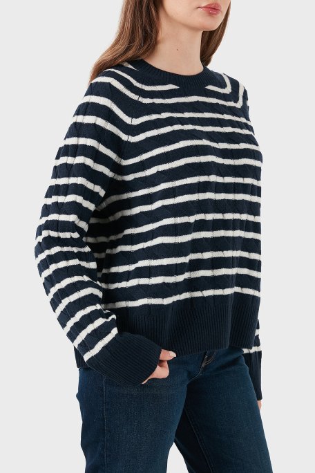 Tommy Hilfiger % 100 Yün Regular Fit Bisiklet Yaka Çizgili Bayan Kazak WW0WW48394 0Y7 LACİVERT-BEYAZ - Tommy Hilfiger (1)