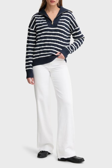 Tommy Hilfiger % 100 Yün Relaxed Fit Yarım Fermuarlı Dik Yaka Örgü Bayan Kazak WW0WW46425 0Y7 LACİVERT-BEYAZ - Tommy Hilfiger (1)