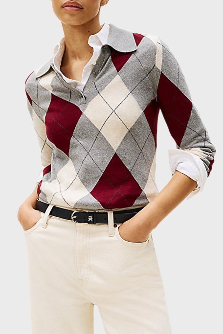 Tommy Hilfiger Baklava Desenli Pamuklu Regular Fit Bayan Polo Yaka Kazak WW0WW48393 0K1 GRİ-BORDO - Tommy Hilfiger