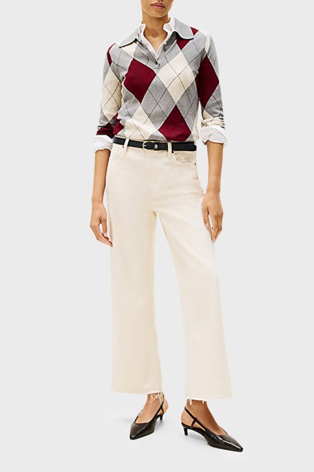 Tommy Hilfiger Baklava Desenli Pamuklu Regular Fit Bayan Polo Yaka Kazak WW0WW48393 0K1 GRİ-BORDO - Tommy Hilfiger (1)