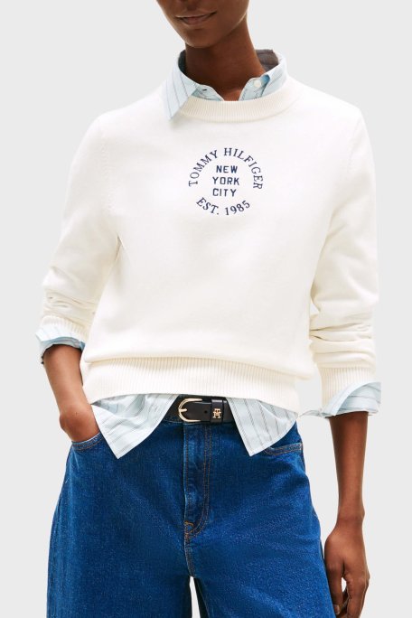 Tommy Hilfiger Baskılı Pamuklu Oversize Fit Yuvarlak Yaka Kısa Bayan Kazak WW0WW46267 YA8 BEYAZ - Tommy Hilfiger