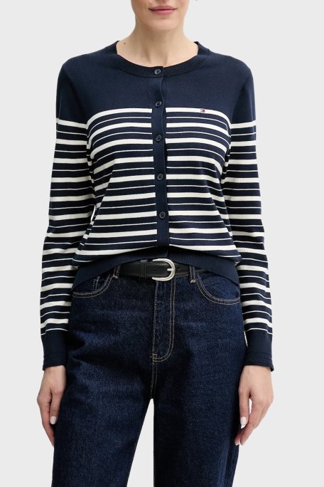 Tommy Hilfiger Çizgili % 100 Pamuk Regular Fit Düğmeli Bayan Kazak WW0WW42370 0A6 LACİVERT - Tommy Hilfiger