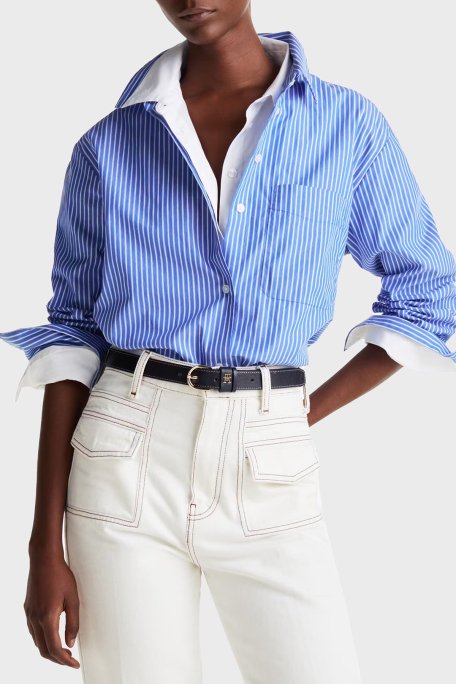 Tommy Hilfiger Çizgili % 100 Pamuk Regular Fit Tek Cepli Bayan Gömlek WW0WW45612 0X6 TURKUAZ - Tommy Hilfiger