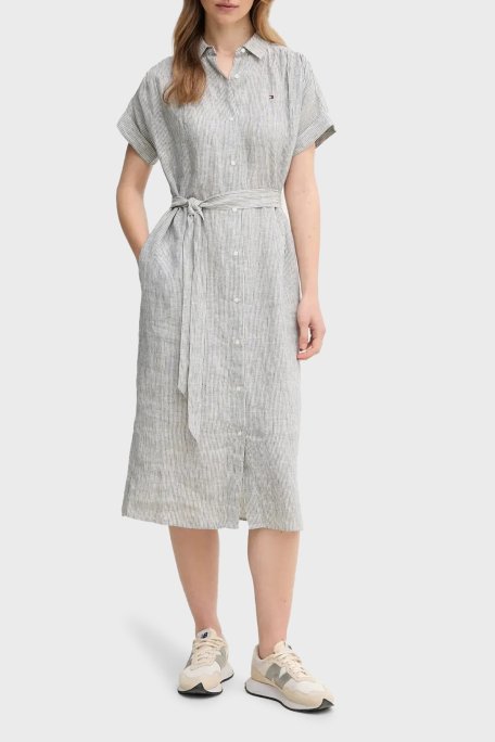 Tommy Hilfiger Çizgili Logolu % 100 Keten Regular Fit Kemerli Bayan Gömlek Elbise WW0WW44653 0X9 BEYAZ-LACİVERT - Tommy Hilfiger