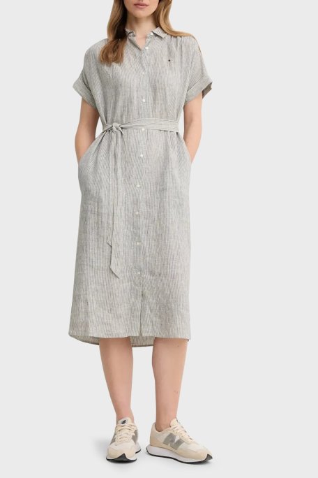 Tommy Hilfiger Çizgili Logolu % 100 Keten Regular Fit Kemerli Bayan Gömlek Elbise WW0WW44653 0X9 BEYAZ-LACİVERT - Tommy Hilfiger (1)